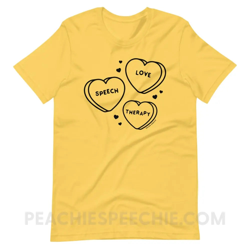 Love Speech Therapy Candy Hearts Premium Soft Tee - Yellow / S - peachiespeechie.com