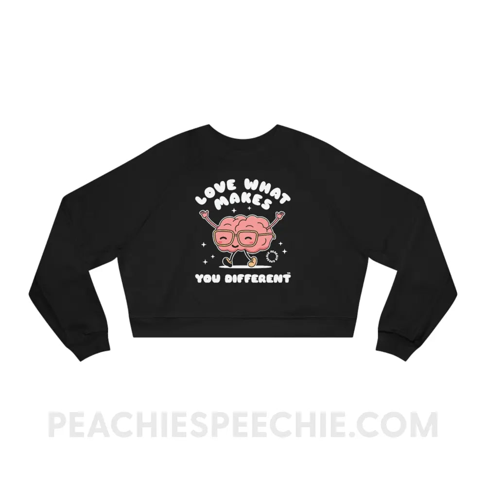 Love What Makes You Different™ Brain Character Premium Crop Crewneck - Black / S - Sweatshirt peachiespeechie.com