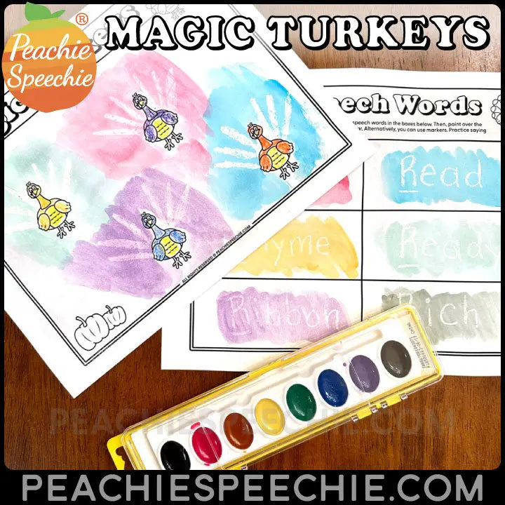 Magic Turkeys: White Crayon and Watercolors - Materials peachiespeechie.com