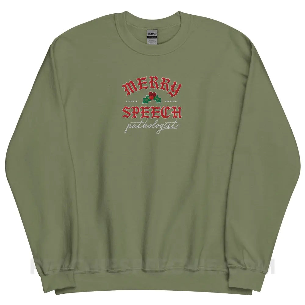 Merry Speech Pathologist Embroidered Classic Sweatshirt - Military Green / S - peachiespeechie.com