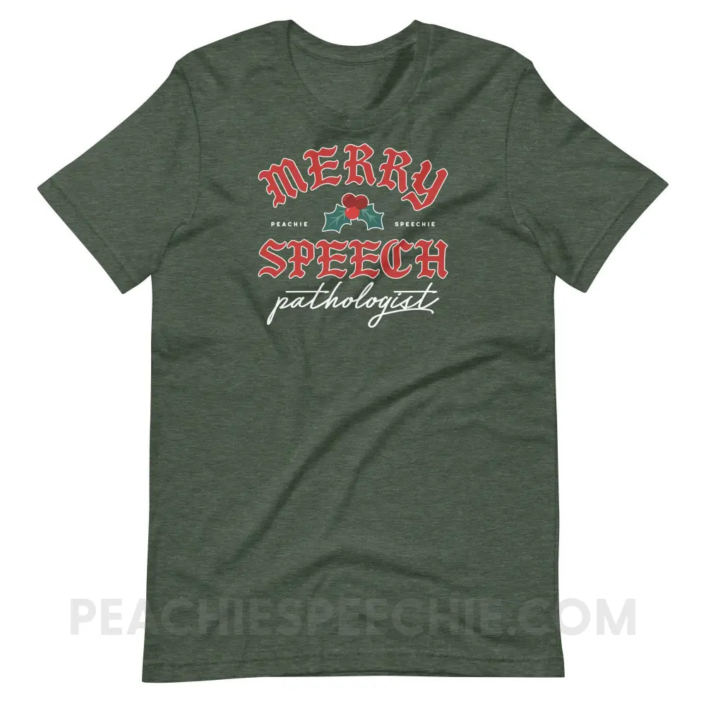 Merry Speech Pathologist Premium Soft Tee - Heather Forest / S - peachiespeechie.com