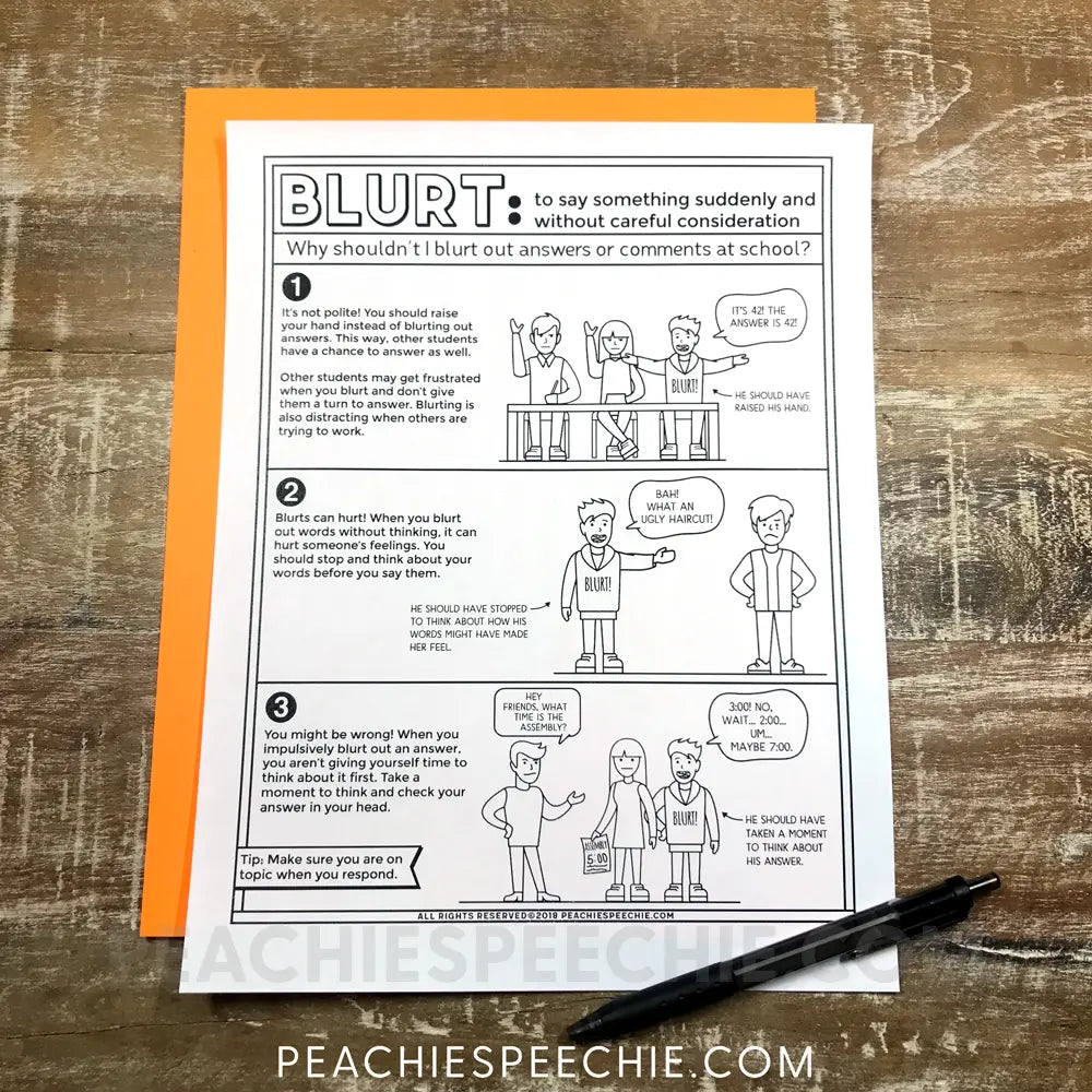 No More Blurting! Visuals & Activities for Thinking Before You Speak - peachiespeechie.com