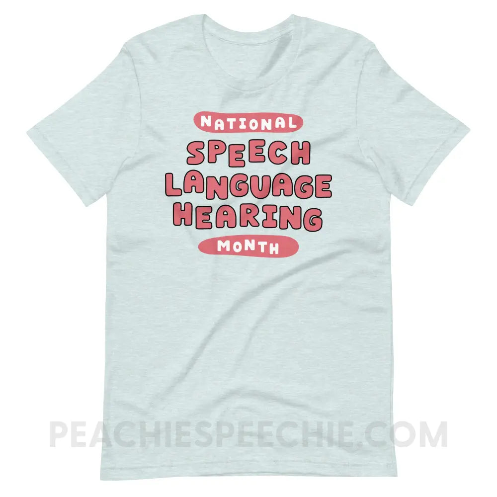 National Speech Language Hearing Month Premium Soft Tee - Heather Prism Ice Blue / XS - peachiespeechie.com