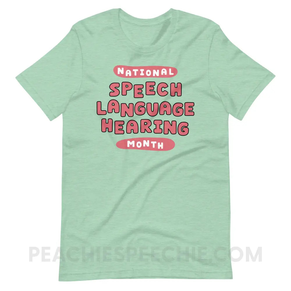 National Speech Language Hearing Month Premium Soft Tee - Heather Prism Mint / XS - peachiespeechie.com