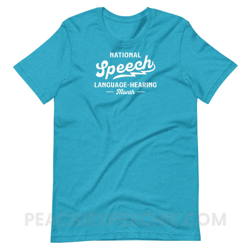 National Speech Language Hearing Premium Soft Tee - Heather Aqua / XS - peachiespeechie.com