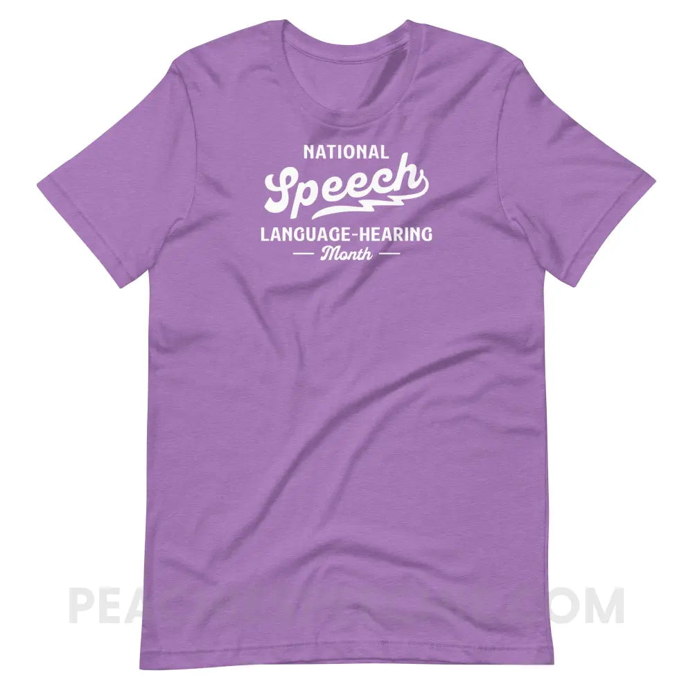 National Speech Language Hearing Premium Soft Tee - Heather Team Purple / XS - peachiespeechie.com