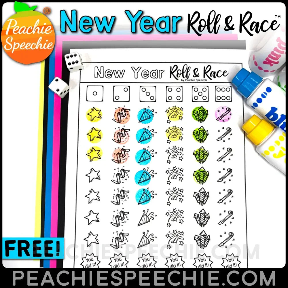 New Year Roll and Race - Open Ended Dice Game - Materials - peachiespeechie.com
