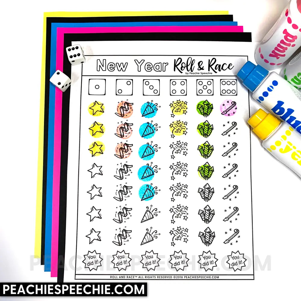 New Year Roll and Race - Open Ended Dice Game - Materials - peachiespeechie.com