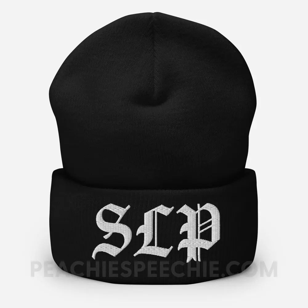 Old English SLP Embroidered Cozy Beanie - Black - peachiespeechie.com