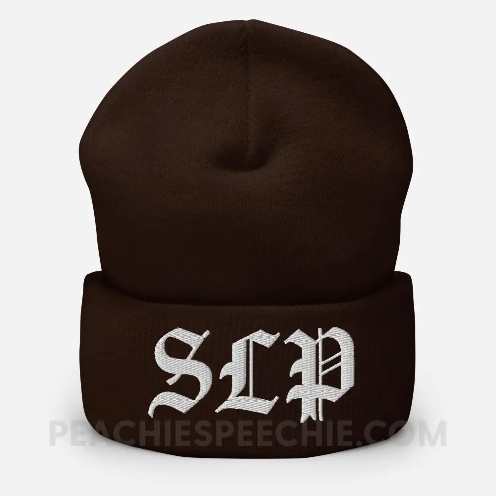 Old English SLP Embroidered Cozy Beanie - Brown - peachiespeechie.com