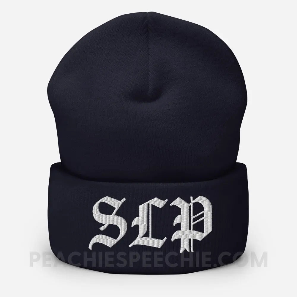 Old English SLP Embroidered Cozy Beanie - Navy - peachiespeechie.com
