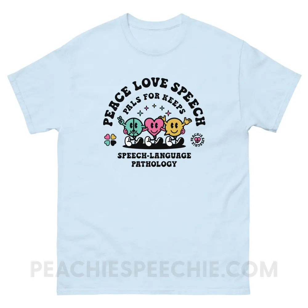 Peace Love Speech Retro Characters Basic Tee - Light Blue / S - T-Shirt peachiespeechie.com