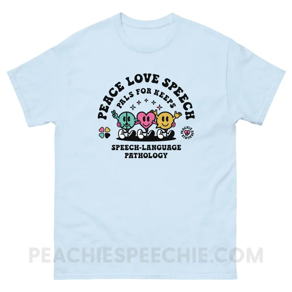 Peace Love Speech Retro Characters Basic Tee - Light Blue / S - T-Shirt peachiespeechie.com