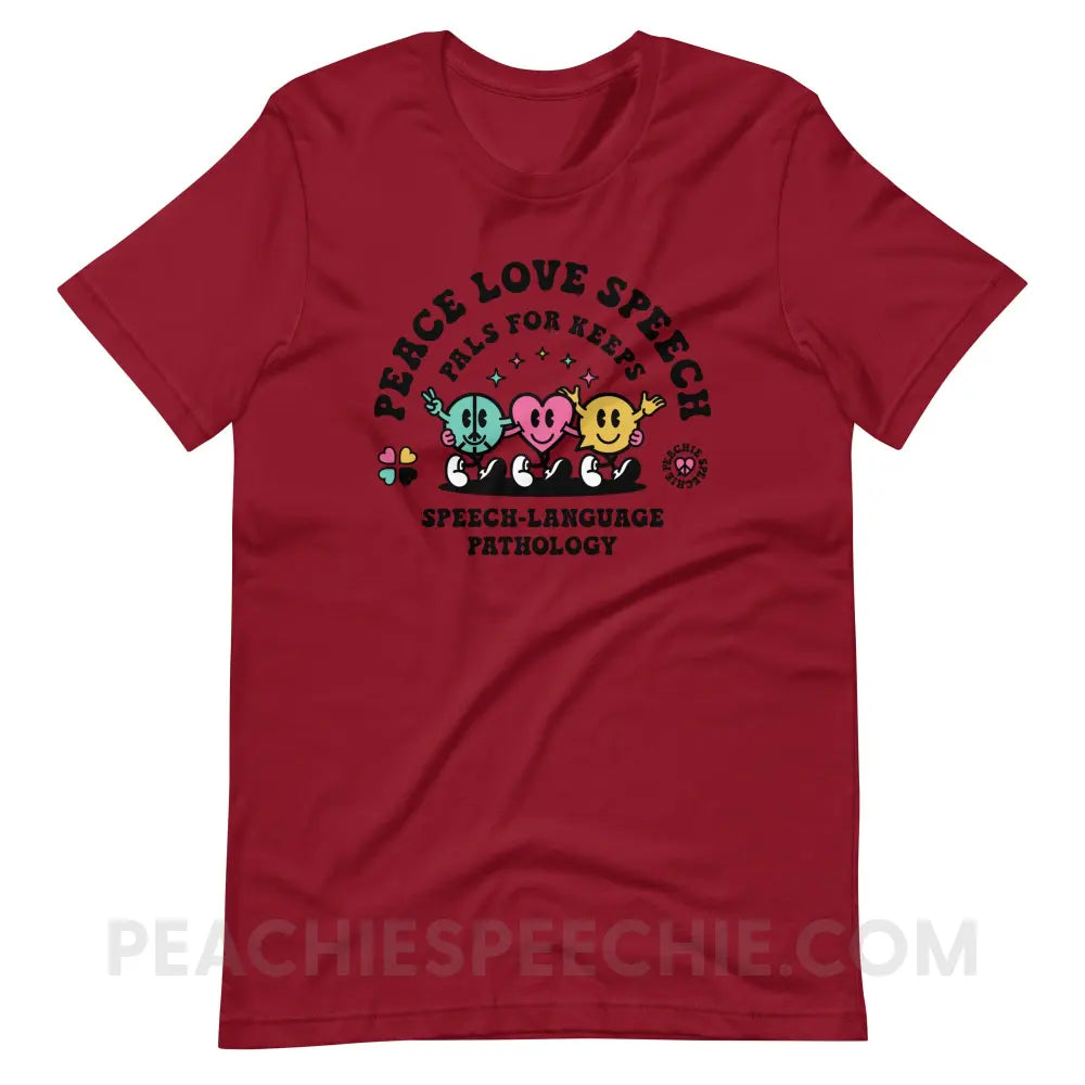 Peace Love Speech Retro Characters Premium Soft Tee - Cardinal / S - T-Shirt peachiespeechie.com