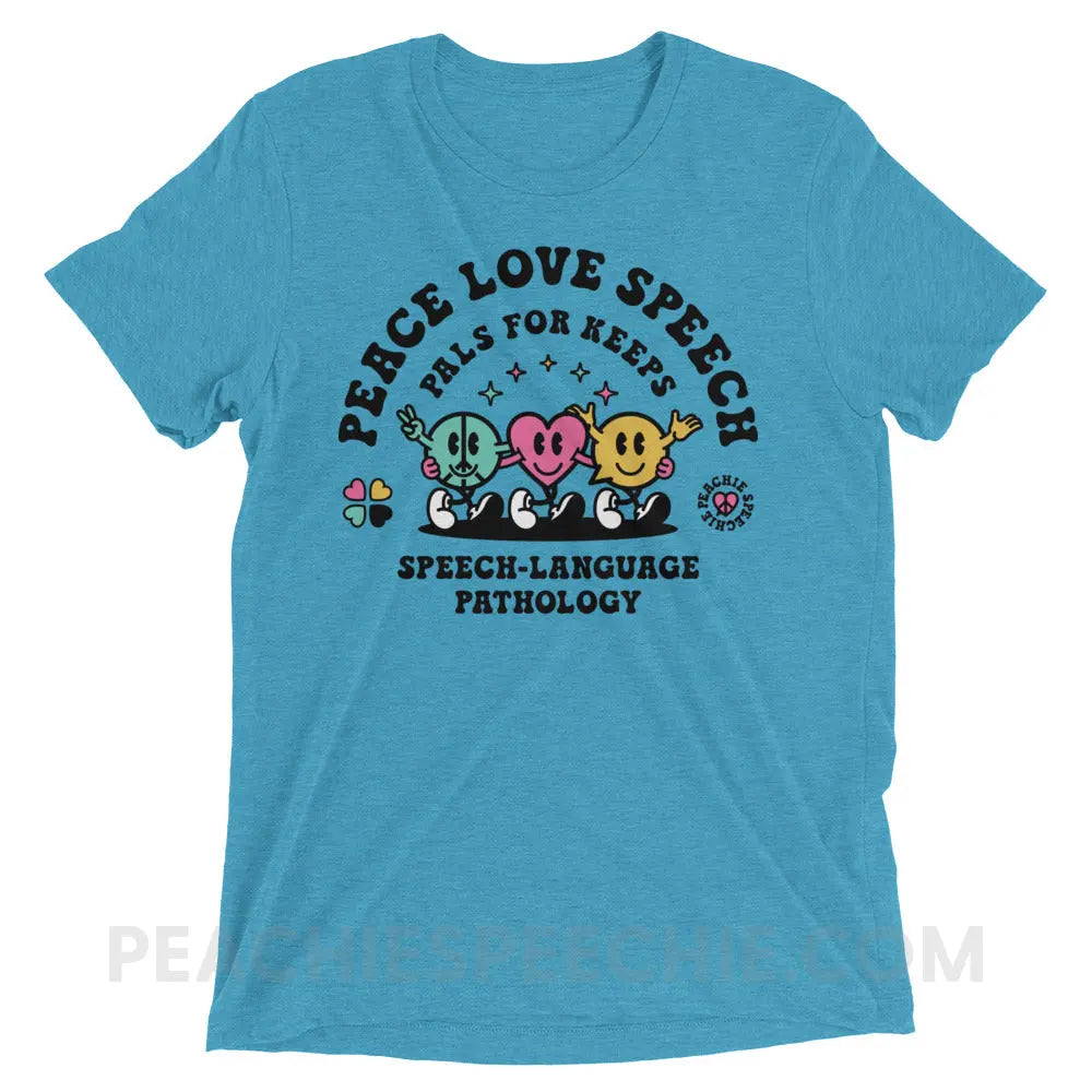 Peace Love Speech Retro Characters Tri-Blend Tee - Aqua Triblend / XS - peachiespeechie.com