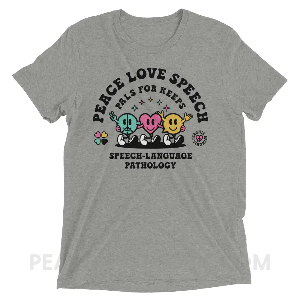 Peace Love Speech Retro Characters Tri-Blend Tee - Athletic Grey Triblend / XS - peachiespeechie.com