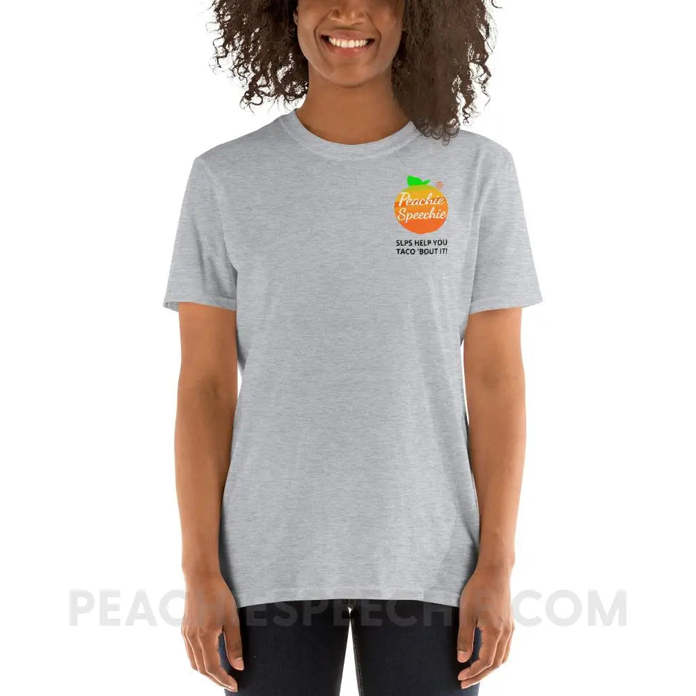 Peachie Speechie Logo/Trademark Tee with our ’SLPs Help You Taco ’Bout It!’ - custom product peachiespeechie.com