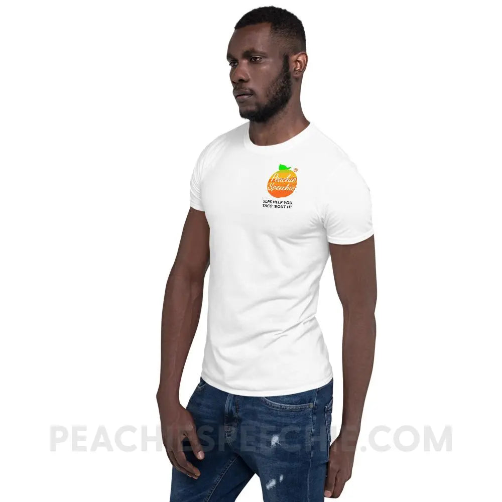 Peachie Speechie Logo/Trademark Tee with our ’SLPs Help You Taco ’Bout It!’ - custom product peachiespeechie.com