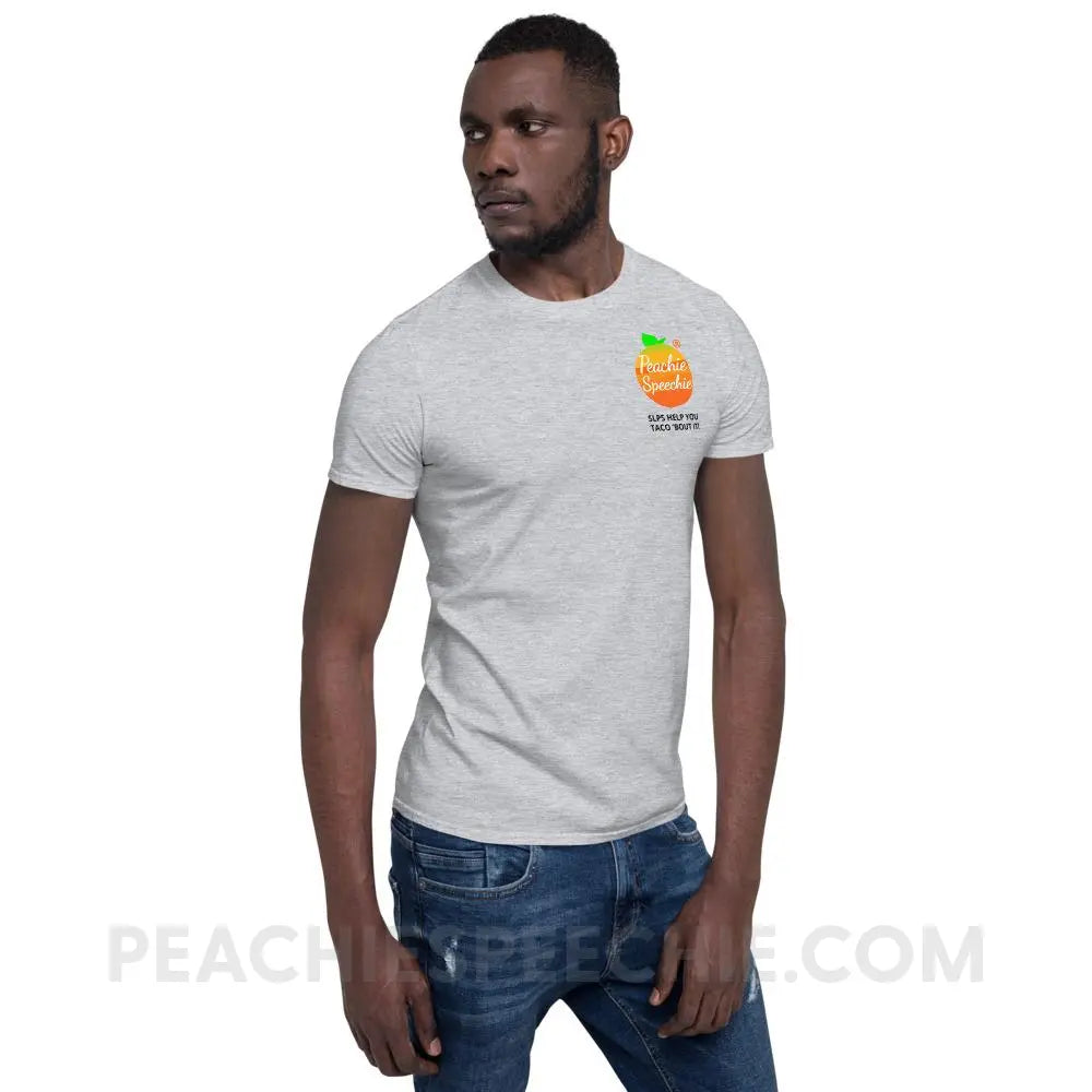 Peachie Speechie Logo/Trademark Tee with our ’SLPs Help You Taco ’Bout It!’ - custom product peachiespeechie.com