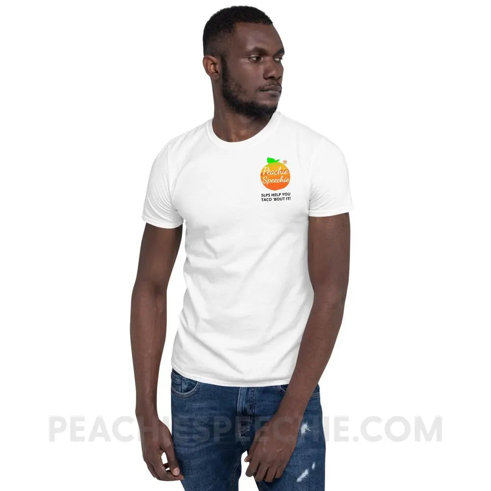 Peachie Speechie Logo/Trademark Tee with our ’SLPs Help You Taco ’Bout It!’ - custom product peachiespeechie.com