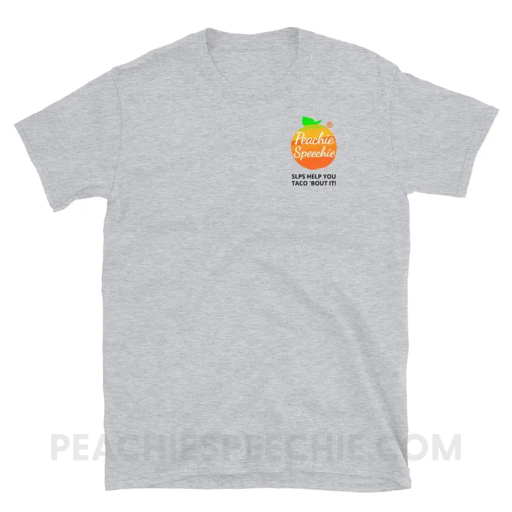 Peachie Speechie Logo/Trademark Tee with our ’SLPs Help You Taco ’Bout It!’ - custom product peachiespeechie.com