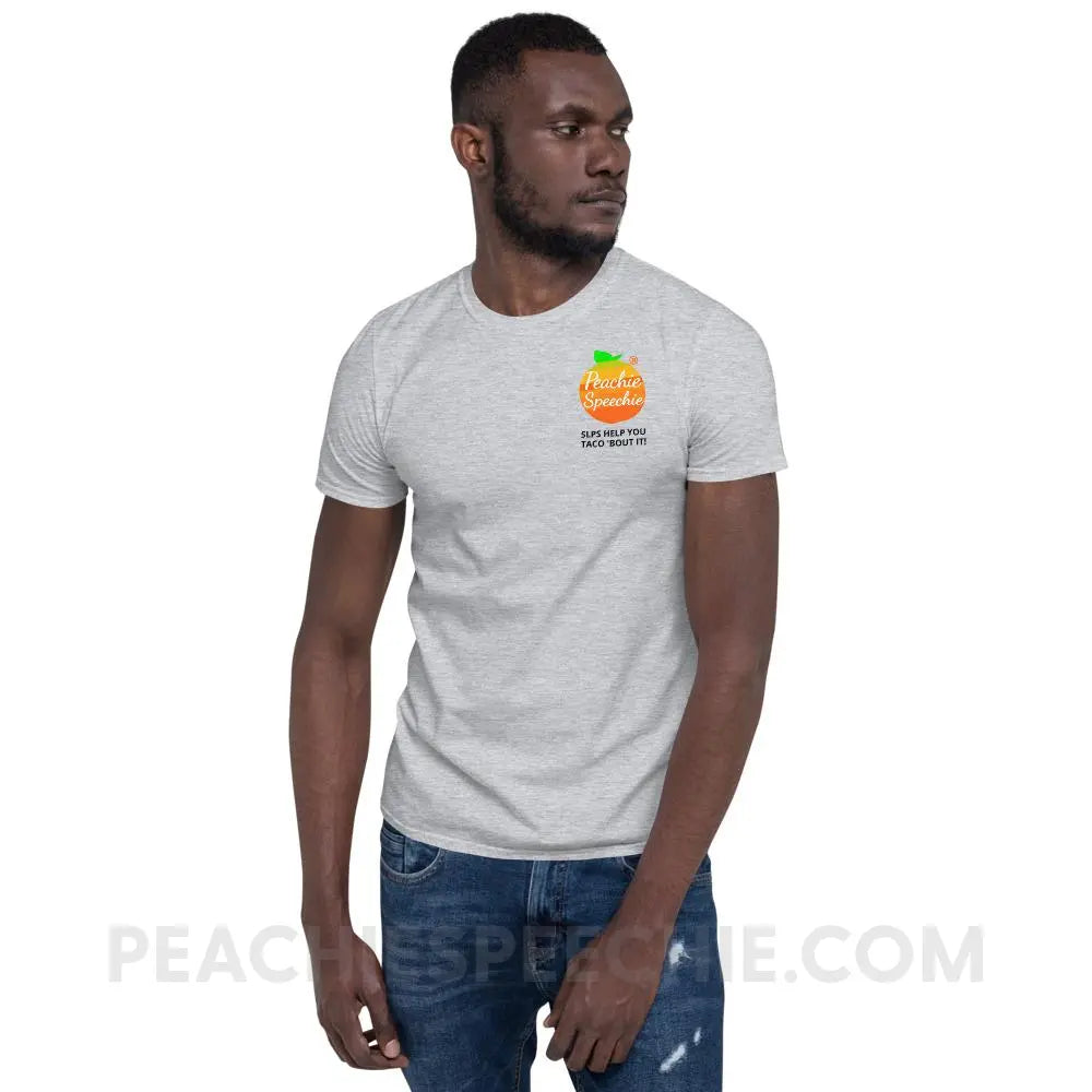Peachie Speechie Logo/Trademark Tee with our ’SLPs Help You Taco ’Bout It!’ - custom product peachiespeechie.com