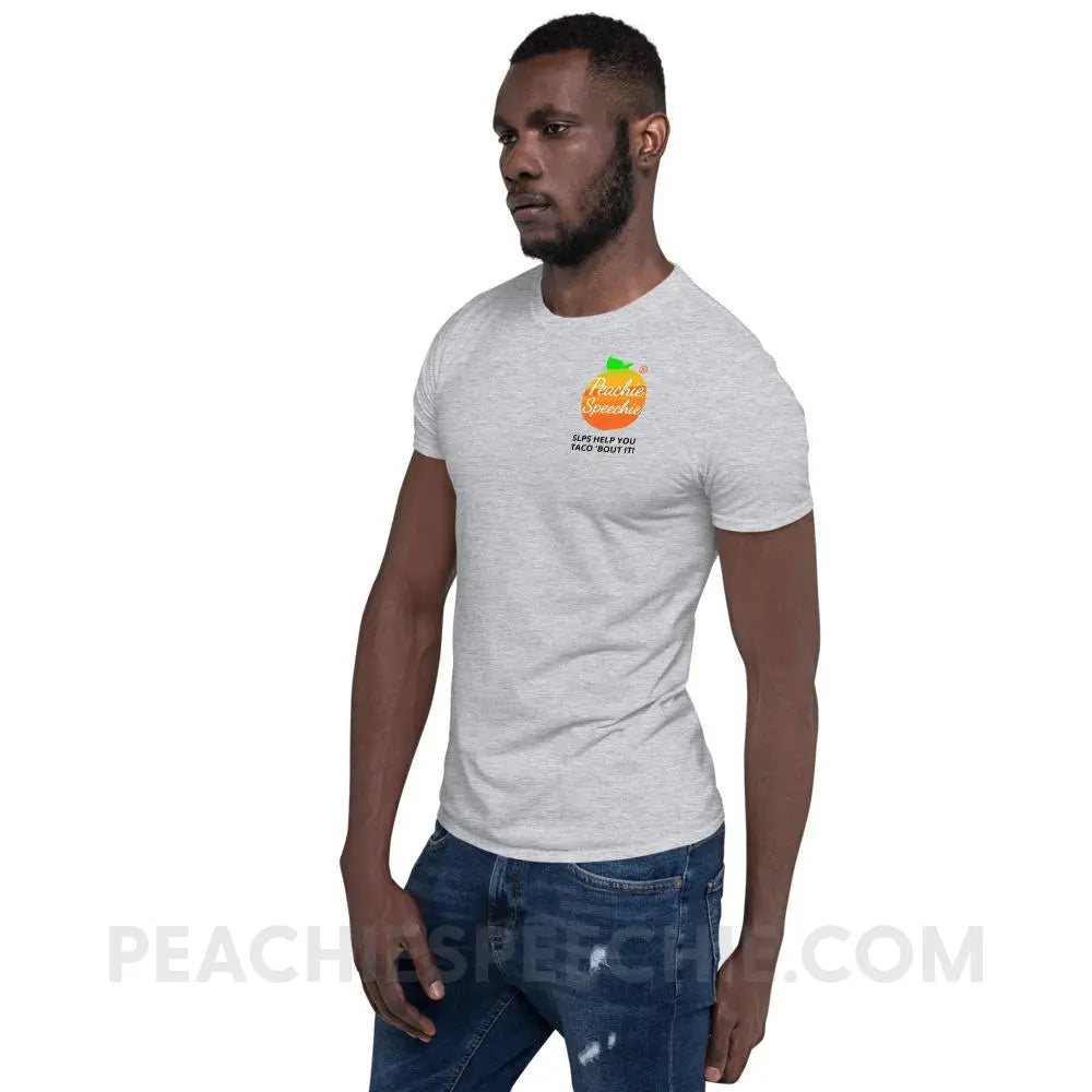 Peachie Speechie Logo/Trademark Tee with our ’SLPs Help You Taco ’Bout It!’ - custom product peachiespeechie.com