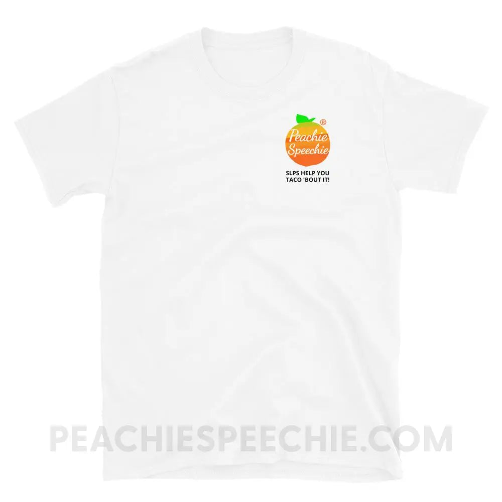 Peachie Speechie Logo/Trademark Tee with our ’SLPs Help You Taco ’Bout It!’ - custom product peachiespeechie.com