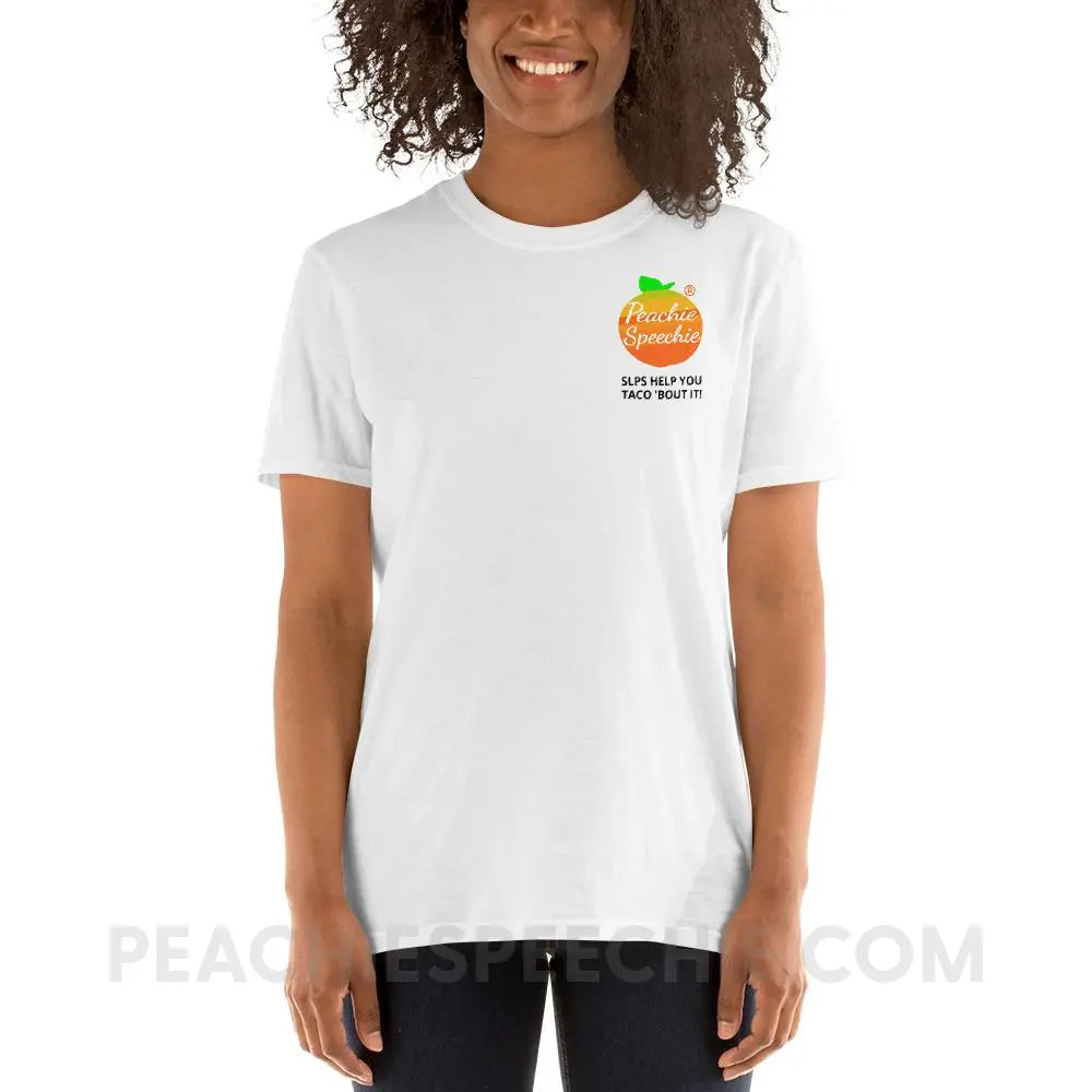 Peachie Speechie Logo/Trademark Tee with our ’SLPs Help You Taco ’Bout It!’ - custom product peachiespeechie.com