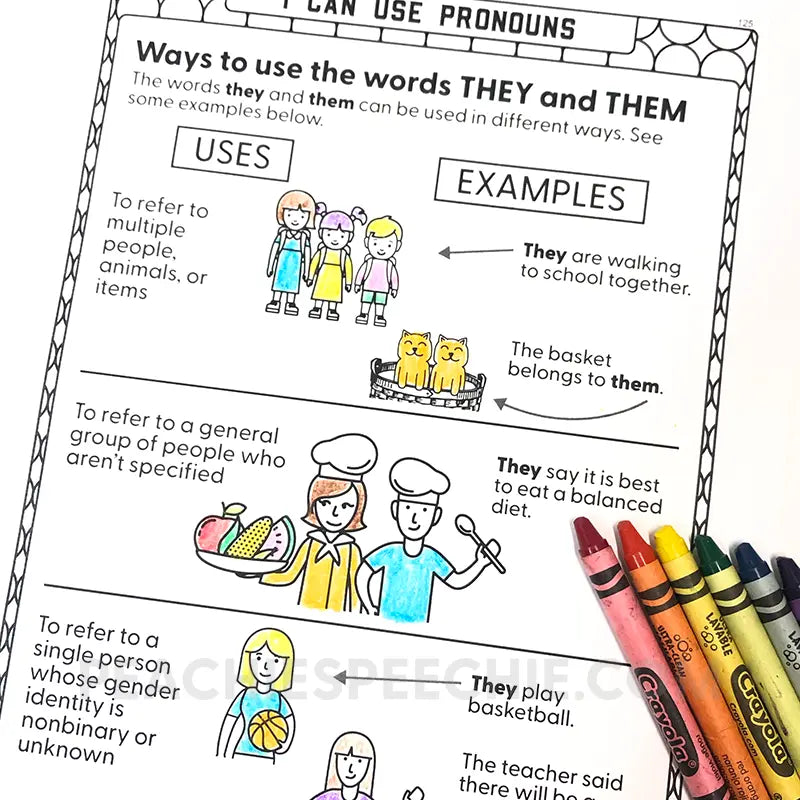 I Can Use Pronouns: No-Prep Workbook - Materials peachiespeechie.com