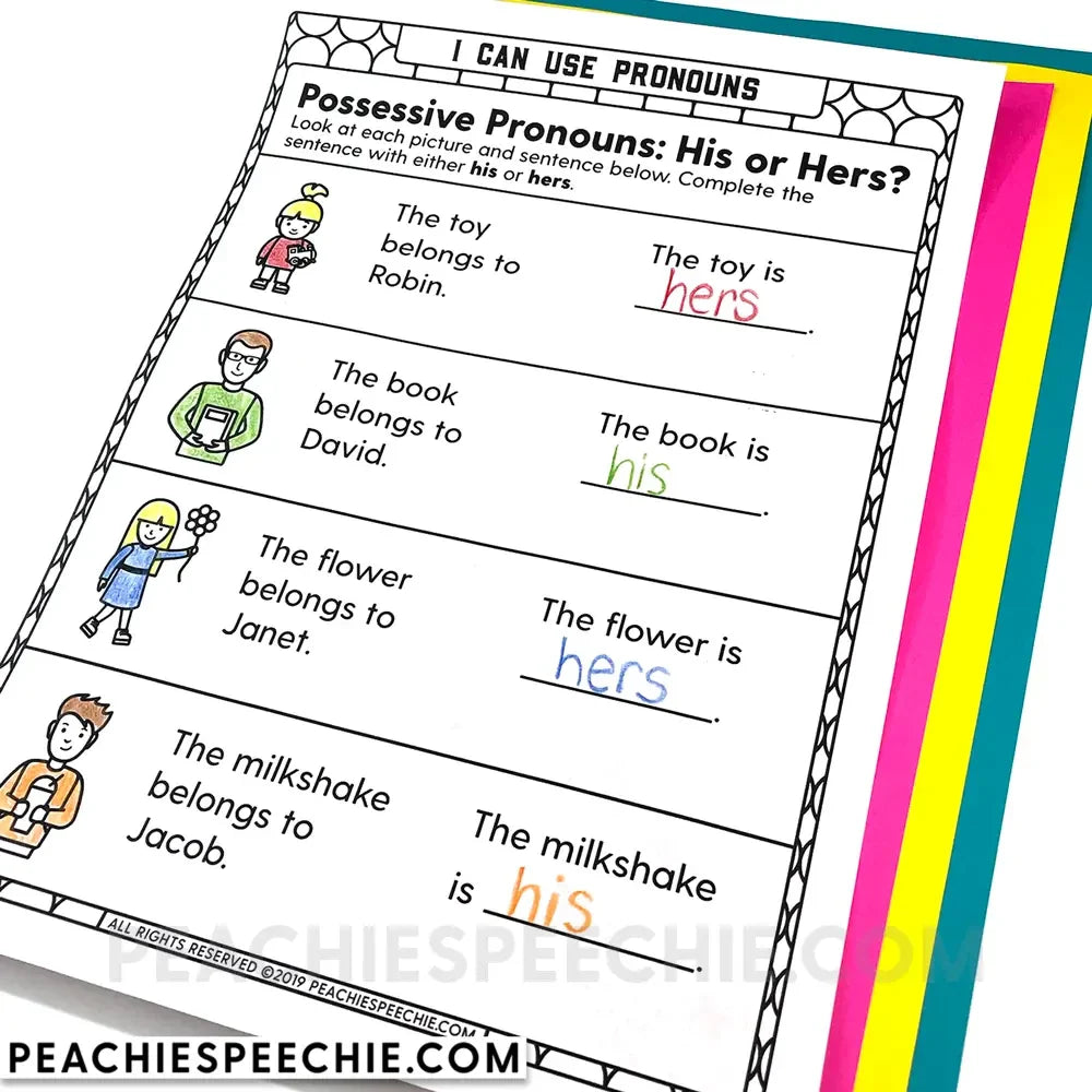 I Can Use Pronouns: No-Prep Workbook - Materials peachiespeechie.com