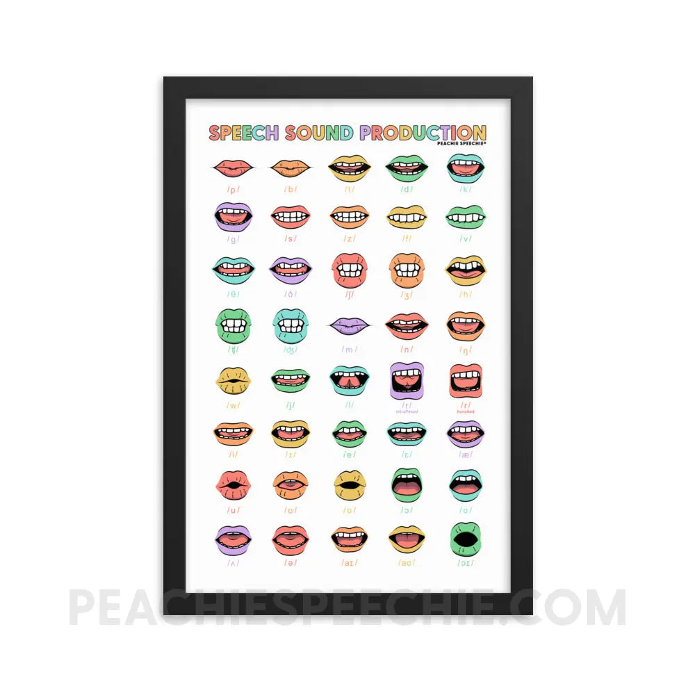 Rainbow Speech Sound Production Framed Poster - Black / 12″×18″ - peachiespeechie.com