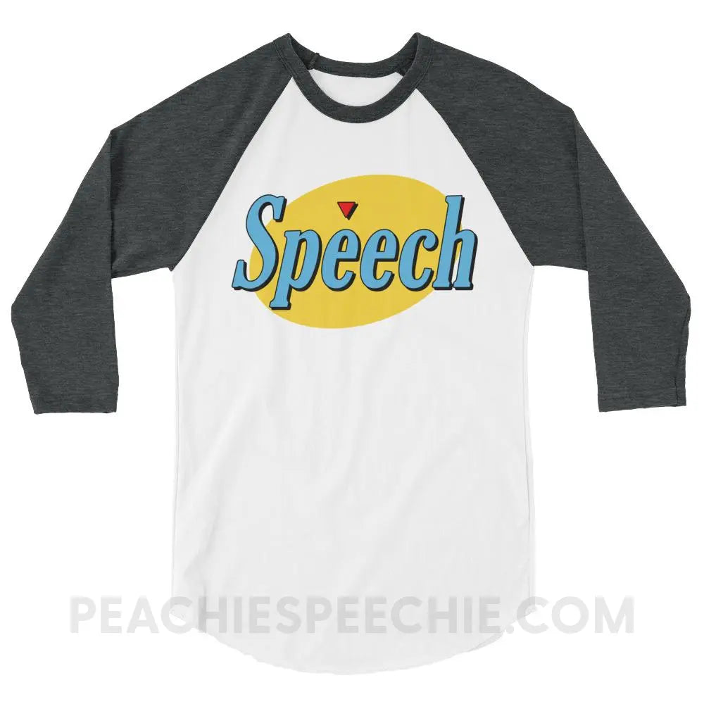 Seinfeld Speech Baseball Tee - White/Heather Charcoal / XS - T-Shirts & Tops peachiespeechie.com