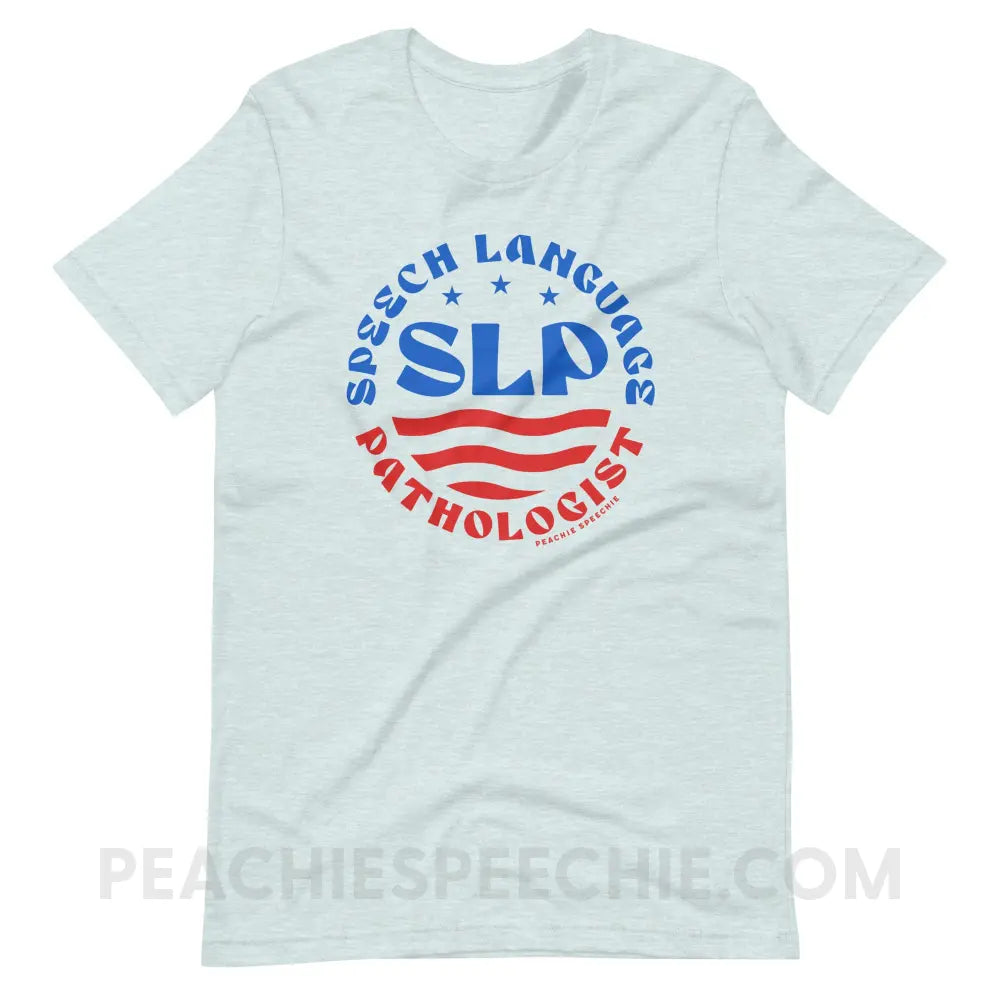 SLP Flag Emblem Premium Soft Tee - Heather Prism Ice Blue / XS - peachiespeechie.com