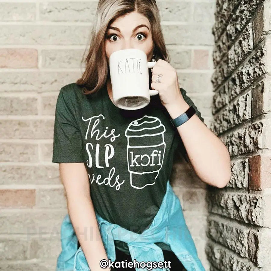SLP Needs Coffee Premium Soft Tee - Heather Forest / S - T-Shirts & Tops peachiespeechie.com