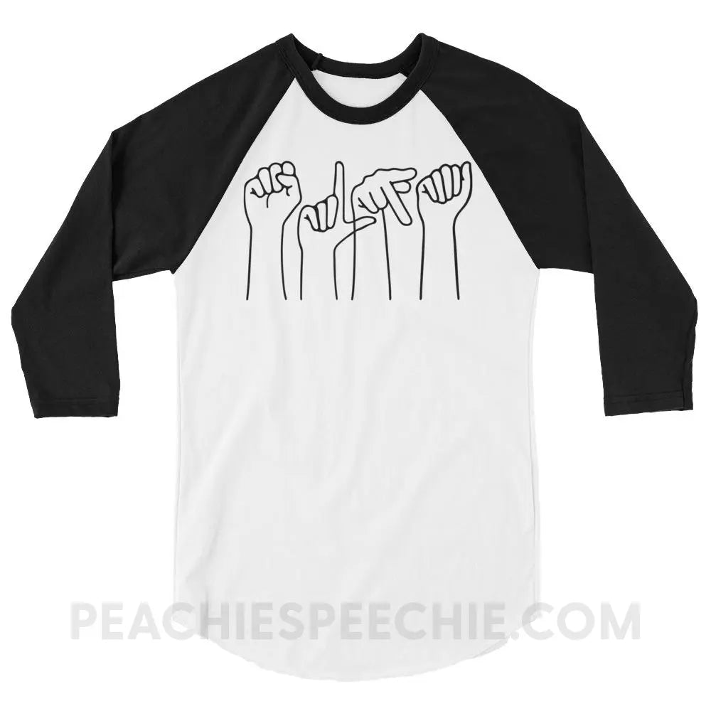 SLPA Hands Baseball Tee - White/Black / XS - T-Shirts & Tops peachiespeechie.com