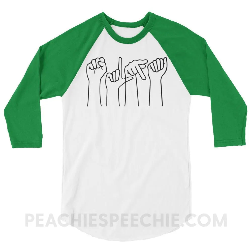SLPA Hands Baseball Tee - White/Kelly / XS - T-Shirts & Tops peachiespeechie.com