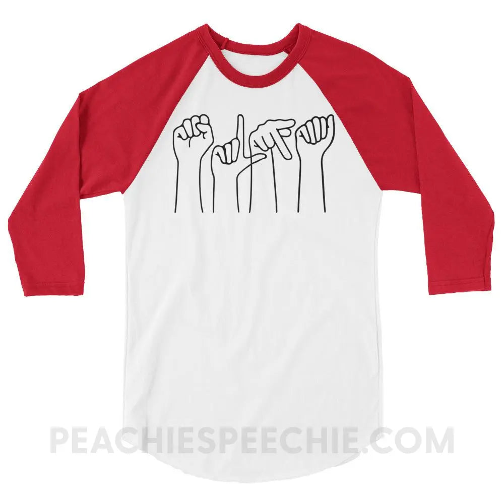 SLPA Hands Baseball Tee - White/Red / XS - T-Shirts & Tops peachiespeechie.com