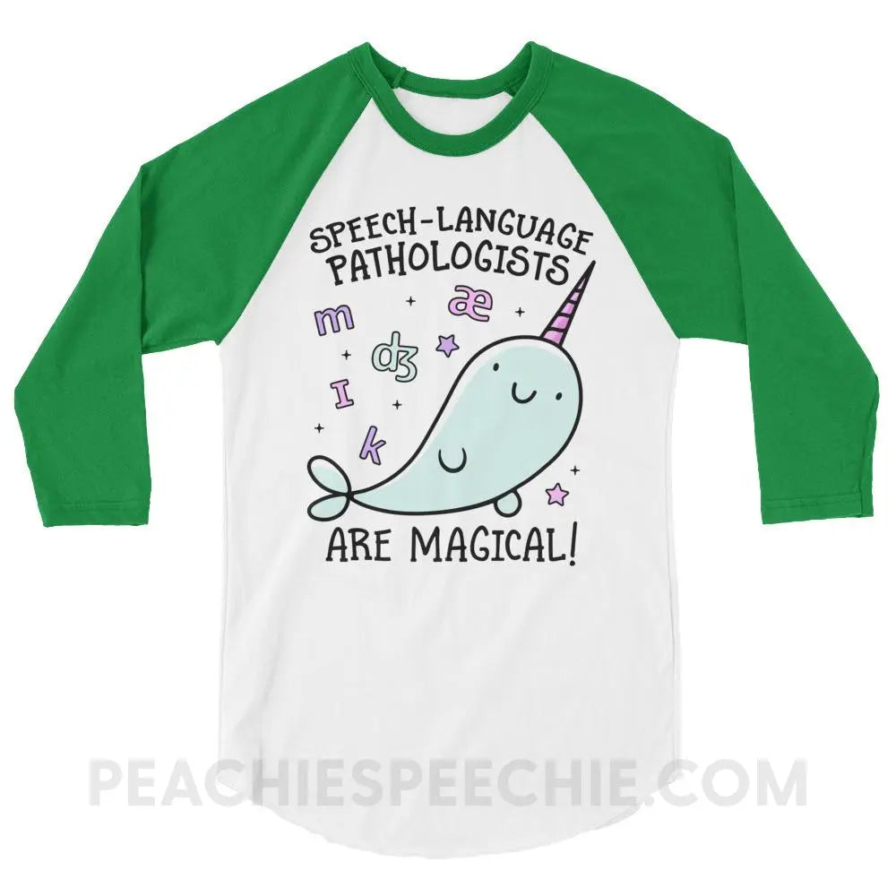 SLPs Are Magical Baseball Tee - White/Kelly / XS - T-Shirts & Tops peachiespeechie.com