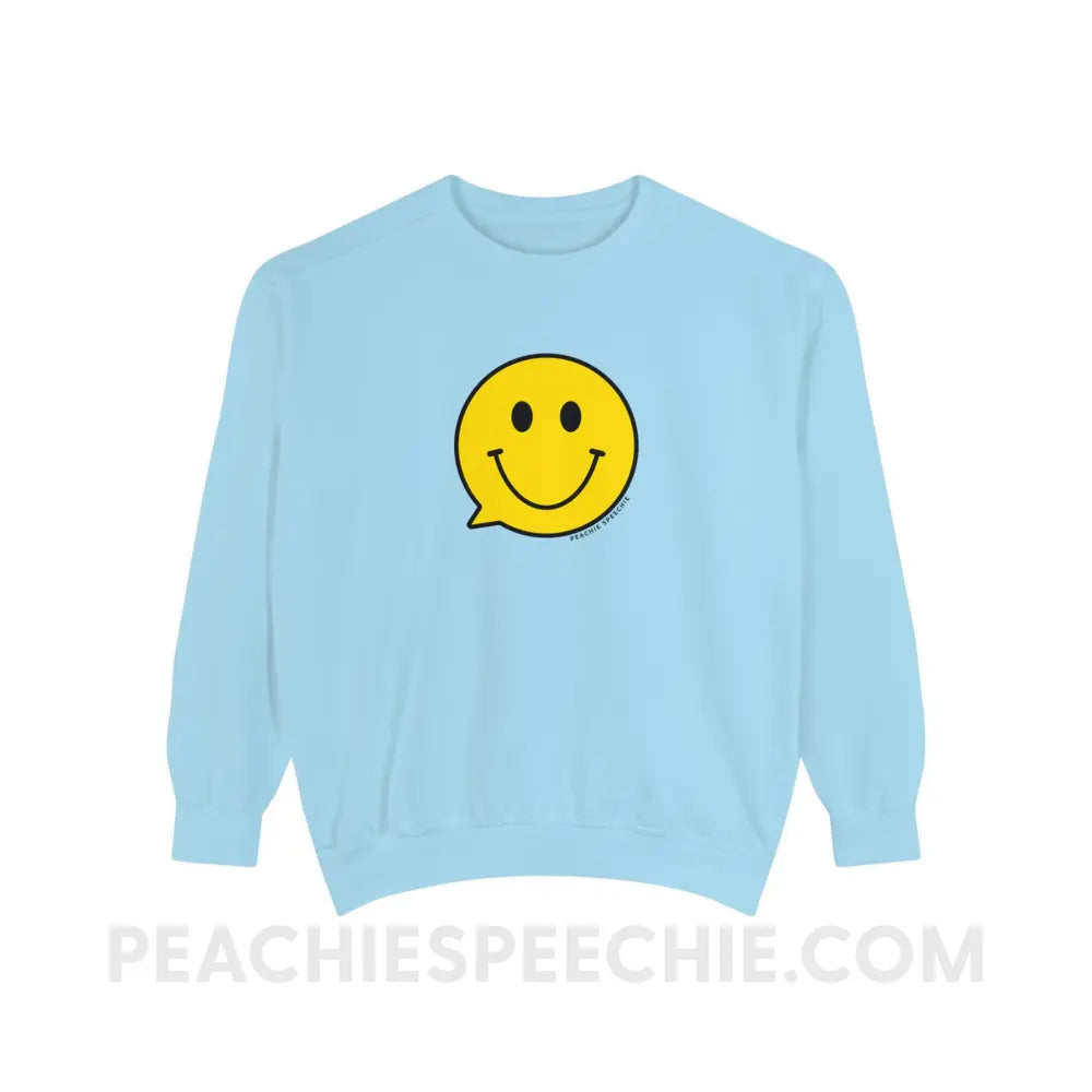 Smiley Face Speech Bubble Comfort Colors Crewneck - Chambray / S - Sweatshirt peachiespeechie.com