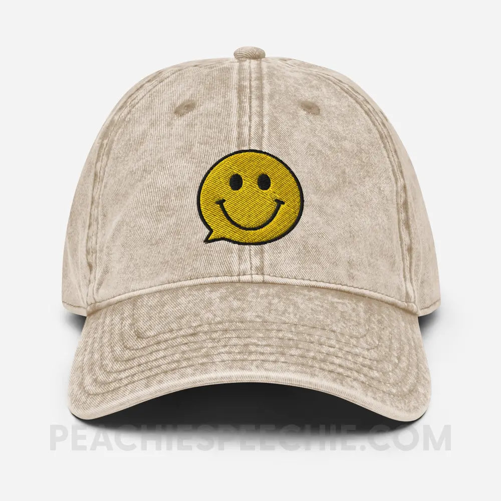 Smiley Face Speech Bubble Vintage Cap - Khaki peachiespeechie.com
