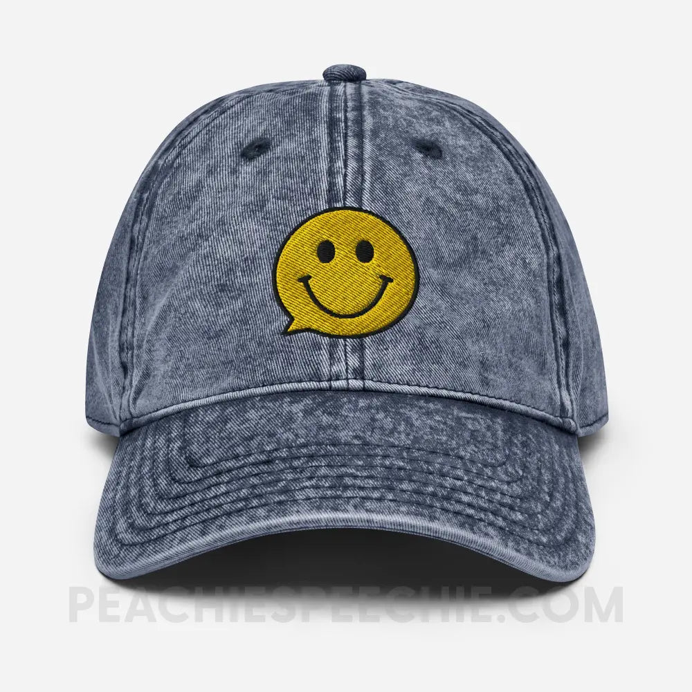 Smiley Face Speech Bubble Vintage Cap - Navy - peachiespeechie.com