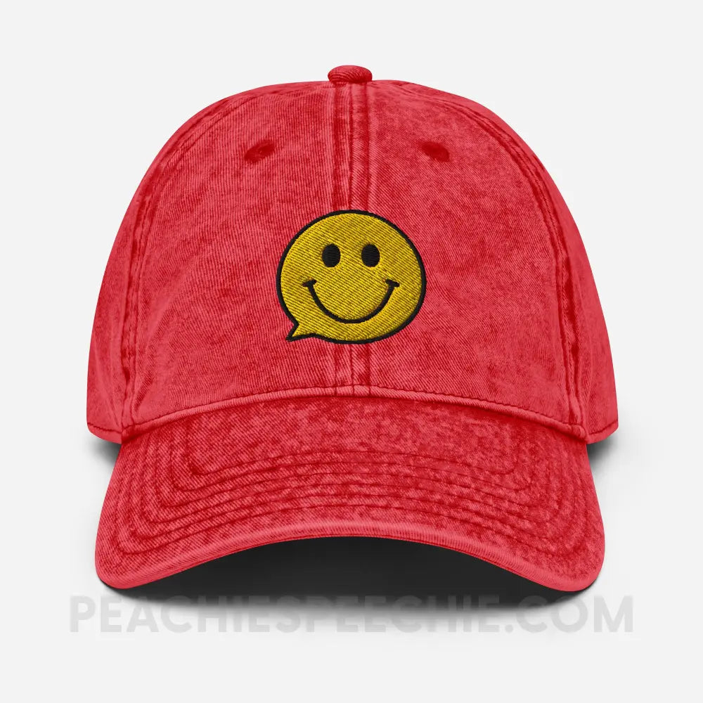 Smiley Face Speech Bubble Vintage Cap - Red peachiespeechie.com