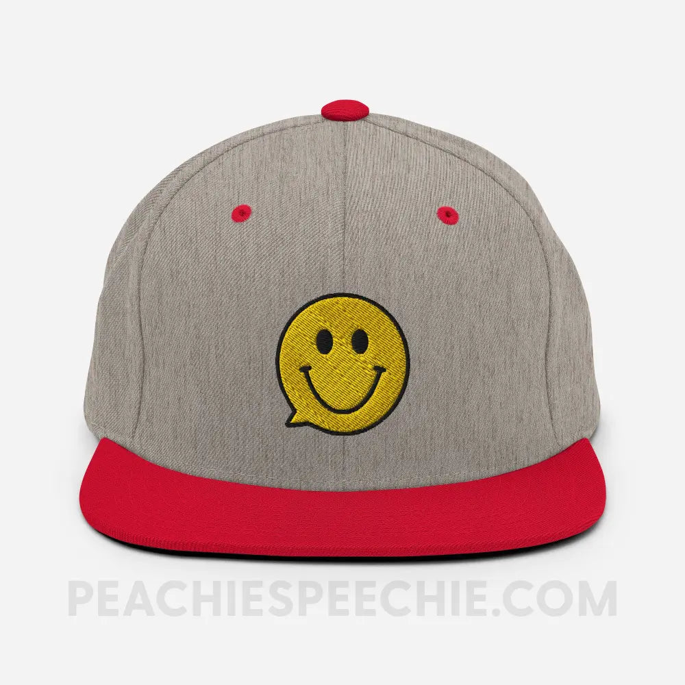 Smiley Face Speech Bubble Premium Ball Cap - Heather Grey/ Red - peachiespeechie.com