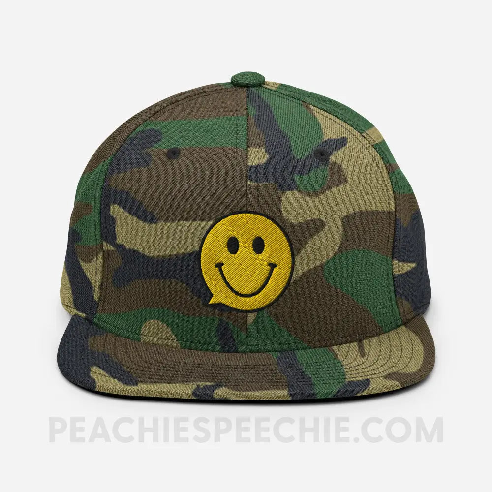 Smiley Face Speech Bubble Wool Blend Ball Cap - Green Camo - peachiespeechie.com