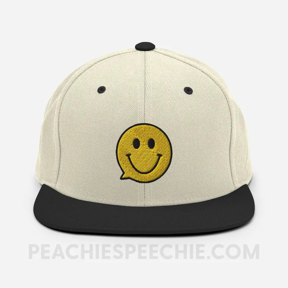 Smiley Face Speech Bubble Wool Blend Ball Cap - Natural/ Black - peachiespeechie.com