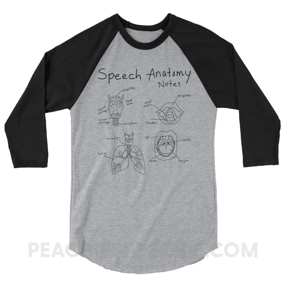 Speech Anatomy Notes Baseball Tee - Heather Grey/Black / XS - T-Shirts & Tops peachiespeechie.com