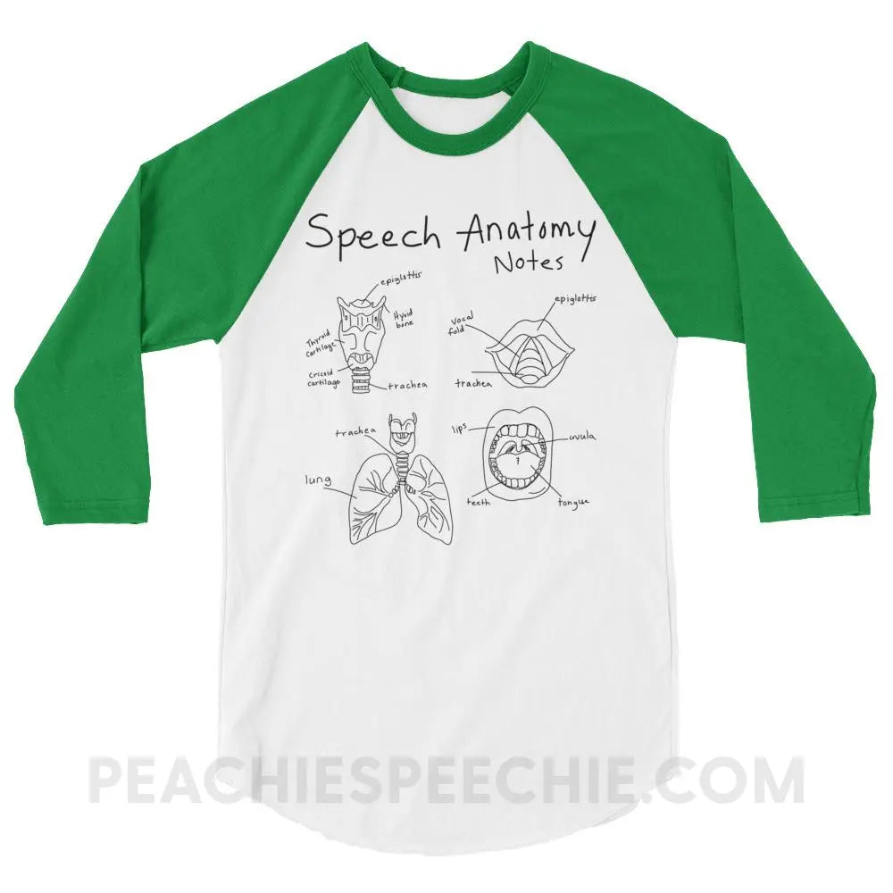 Speech Anatomy Notes Baseball Tee - White/Kelly / XS - T-Shirts & Tops peachiespeechie.com