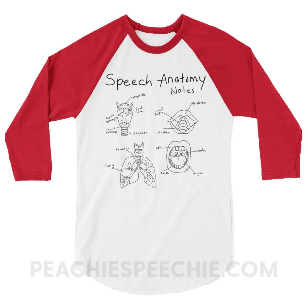 Speech Anatomy Notes Baseball Tee - White/Red / XS - T-Shirts & Tops peachiespeechie.com