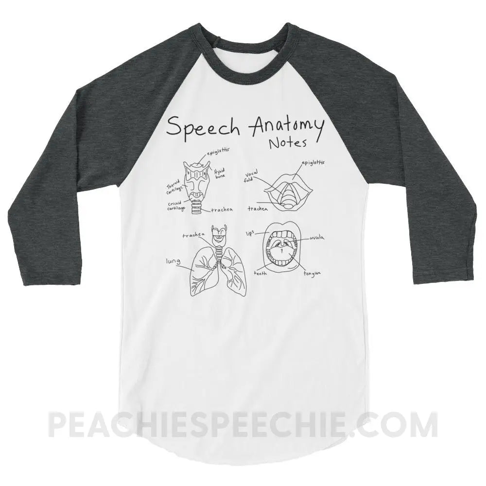 Speech Anatomy Notes Baseball Tee - White/Heather Charcoal / XS - T-Shirts & Tops peachiespeechie.com